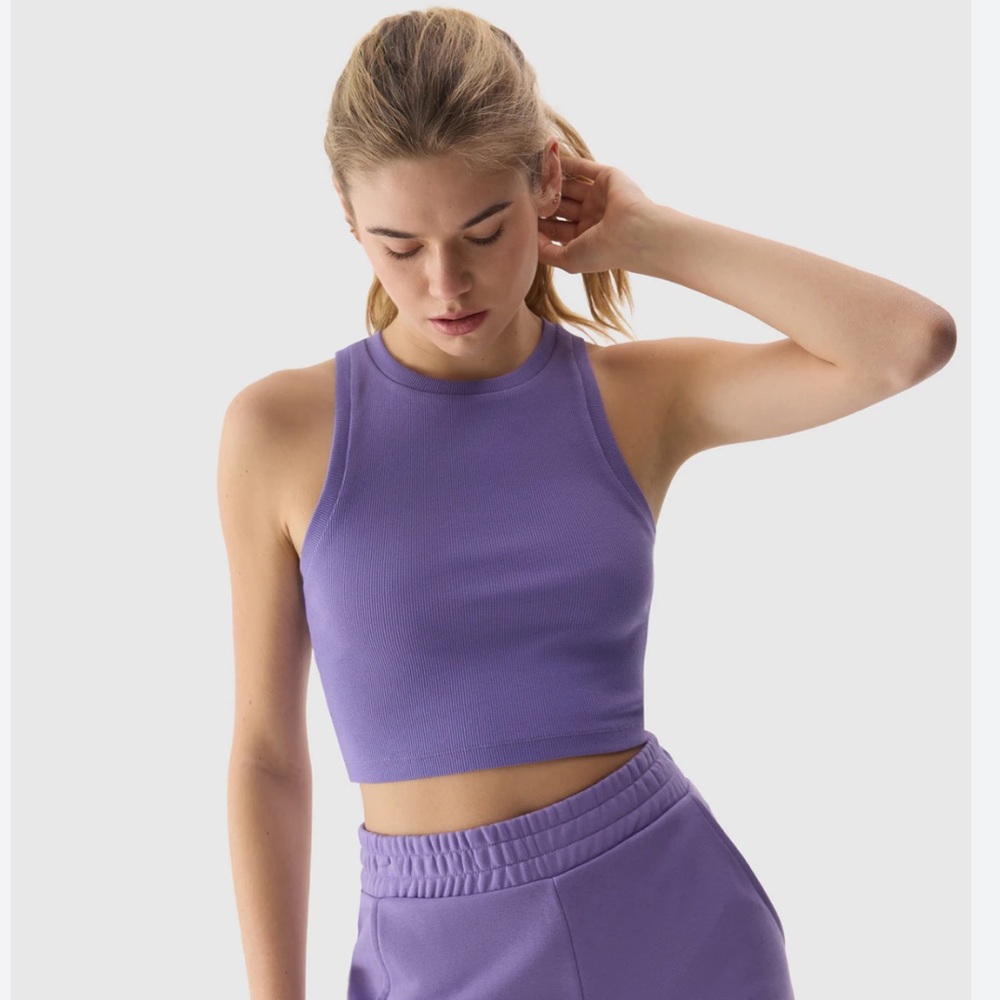 ZARA PURPLE HIGH NECK RIBBED KNIT SLEEVELESS RACERBACK CROP SWEATER TANK TOP M
